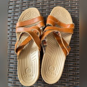 Crocs Women’s Tan Leather-Strap Slide Sandals